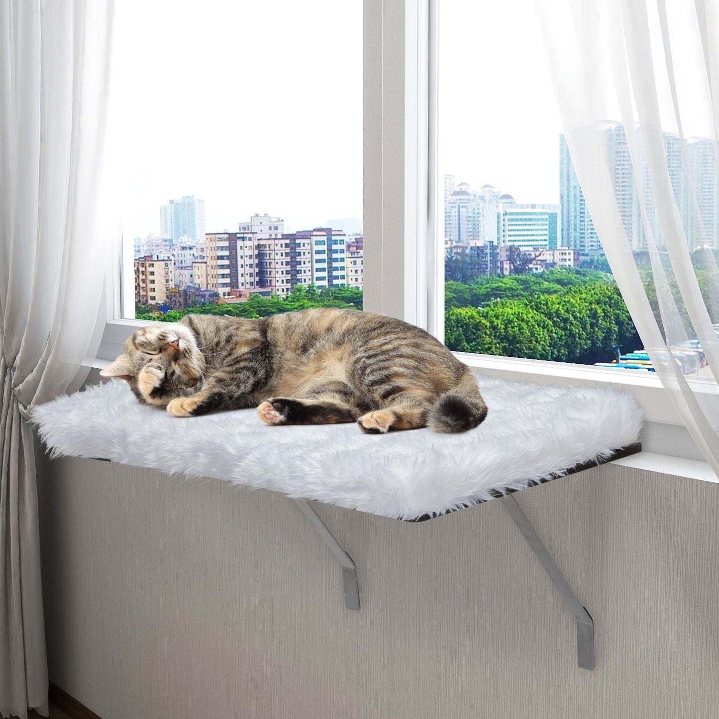 Cat Window Perch; Wall-mounted Cat Seat with Soft Cushion and Supporting Feet; White
